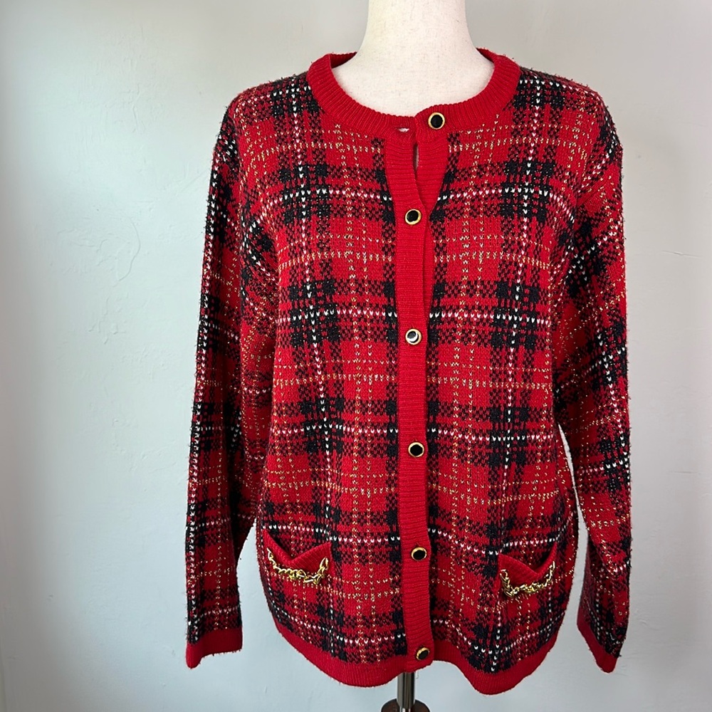 Vintage Laura Scott Red Plaid Chain Detail Cardigan